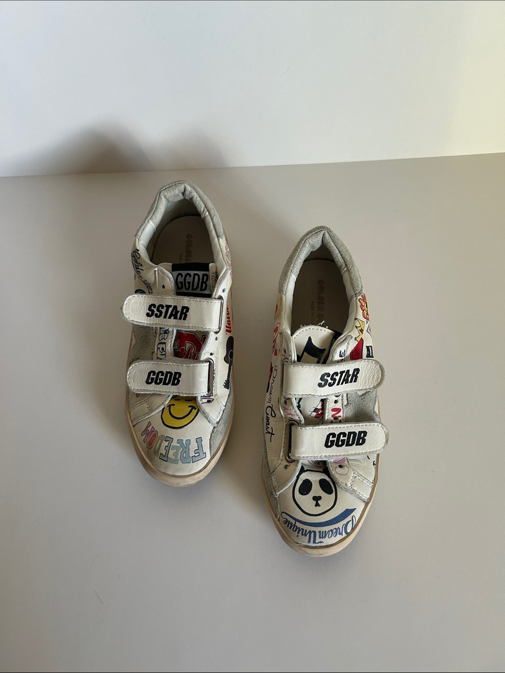 Golden Goose White Kids Velcro Sneakers with Multicolor Graphics
